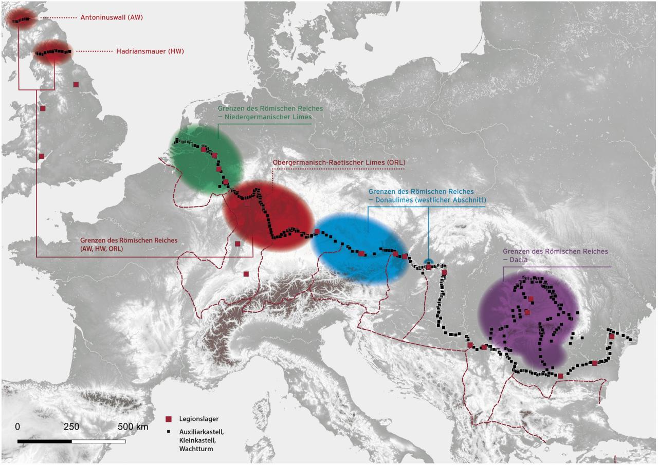 Europakarte mit den Welterbestätten der Grenzen des Römischen Reiches