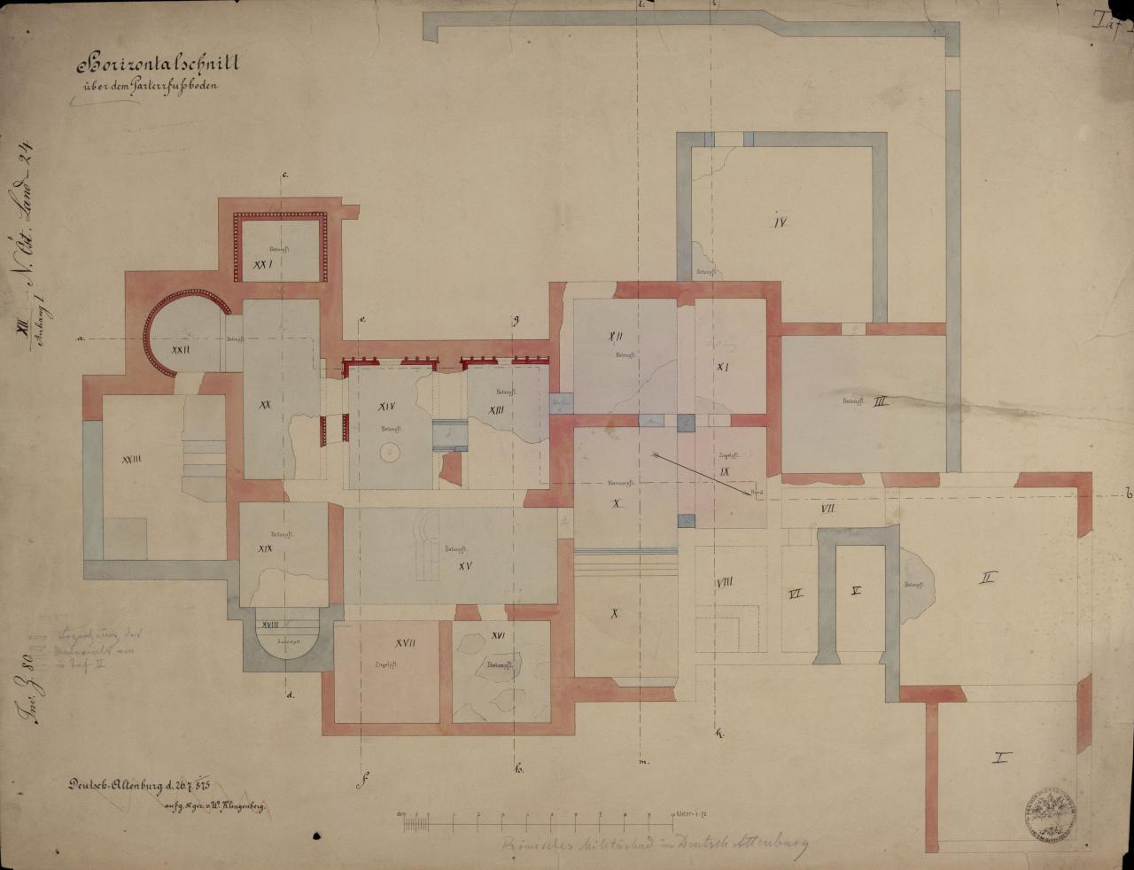 Römisches Militärbad in Deutsch Altenburg, Horizontalschnitt über dem Parterrfußboden von 1875.