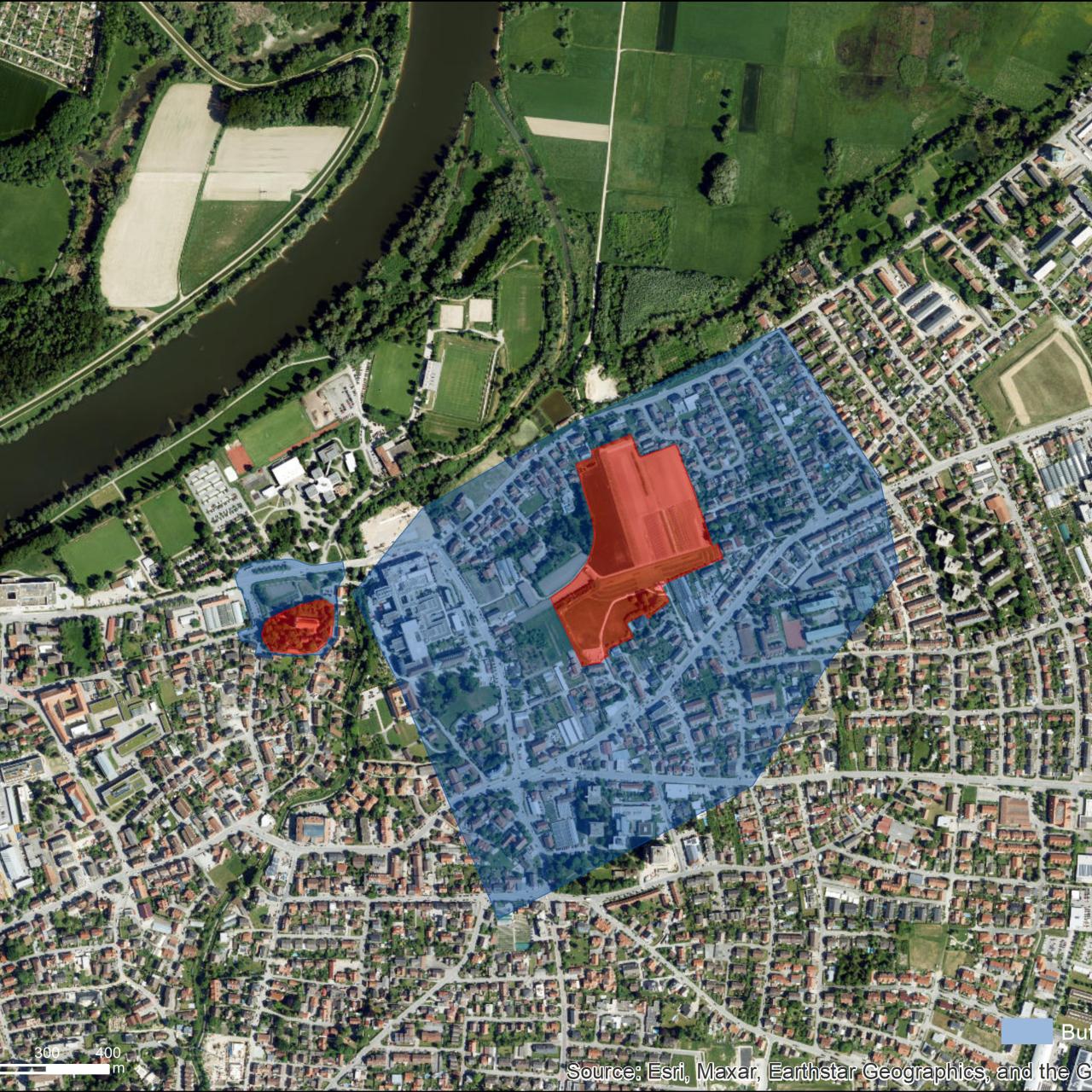 Luftbild mit UNESCO Schutzzonen von Straubing