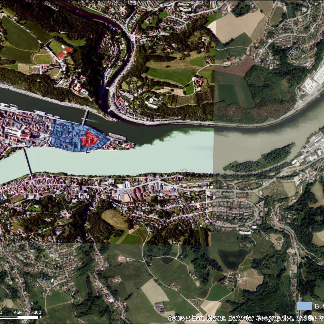 Luftbild mit UNESCO Schutzzonen von Passau