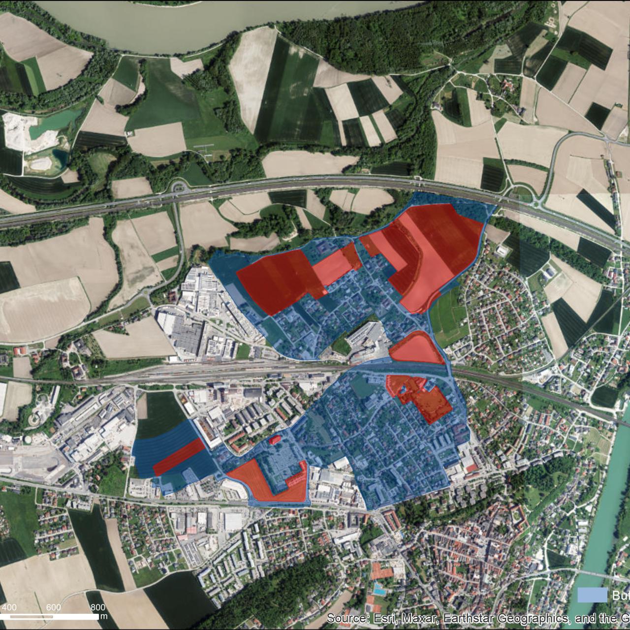 Luftbild mit UNESCO Schutzzonen von Enns