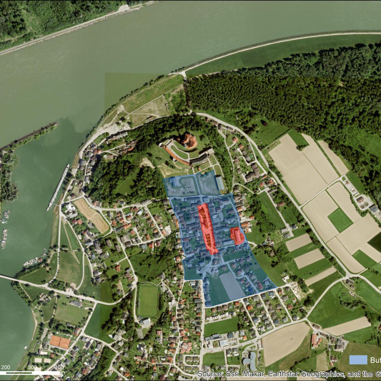 Luftbild mit UNESCO Schutzzonen von Wallsee