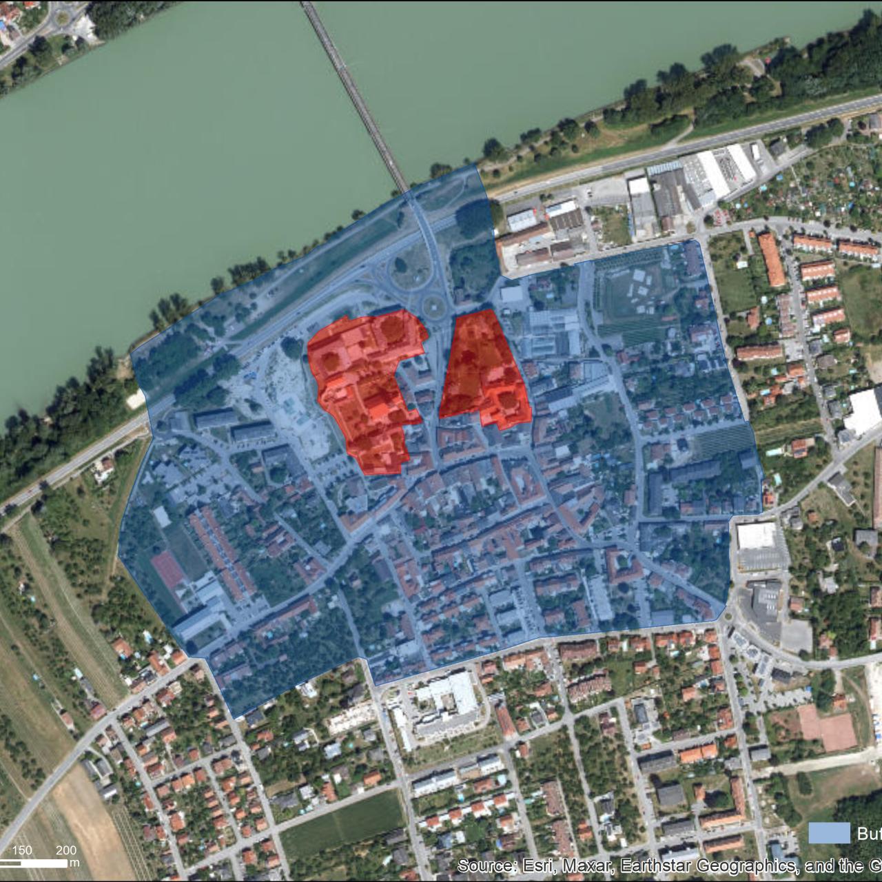 Luftbild mit UNESCO Schutzzonen von Mautern
