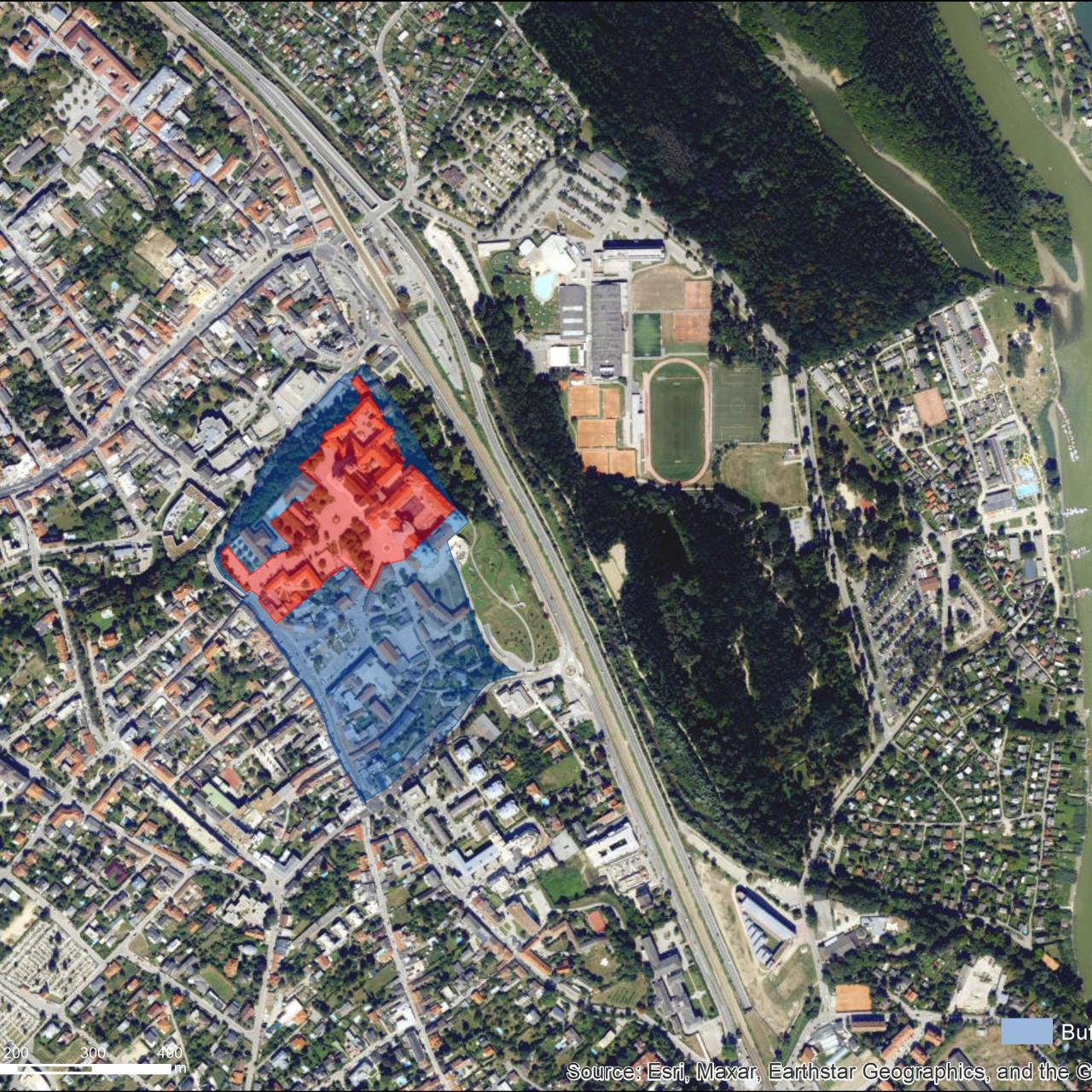 Luftbild mit UNESCO Schutzzonen von Klosterneuburg