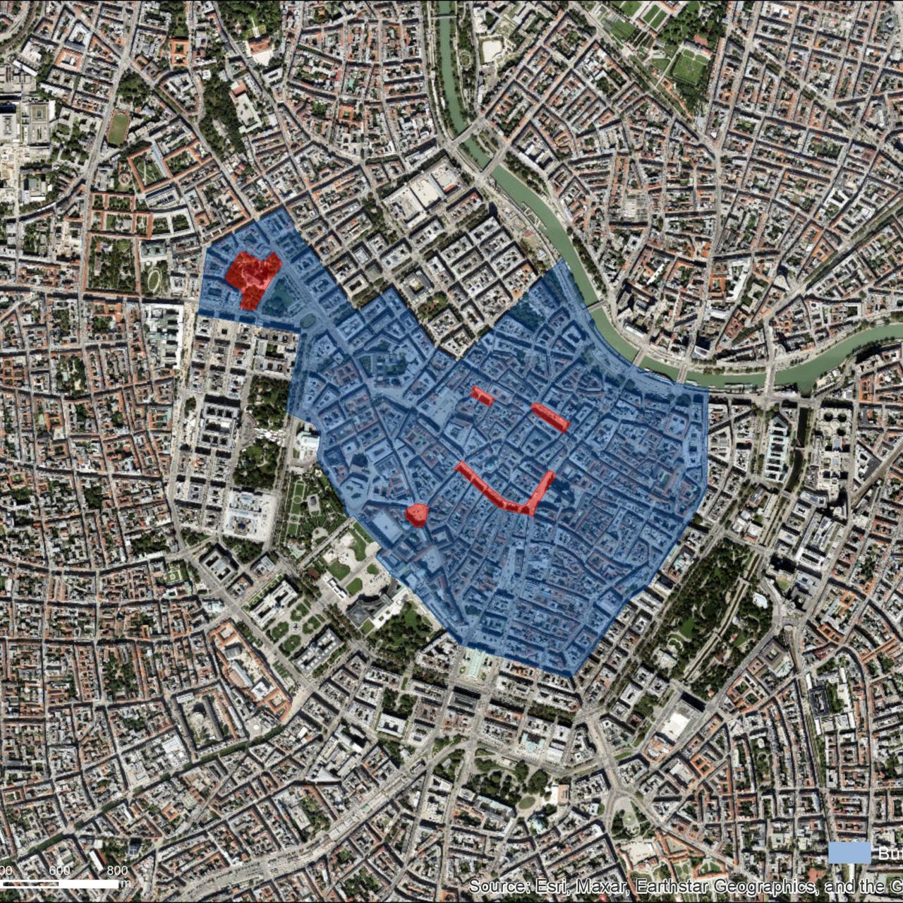 Luftbild mit UNESCO Schutzzonen von Wien