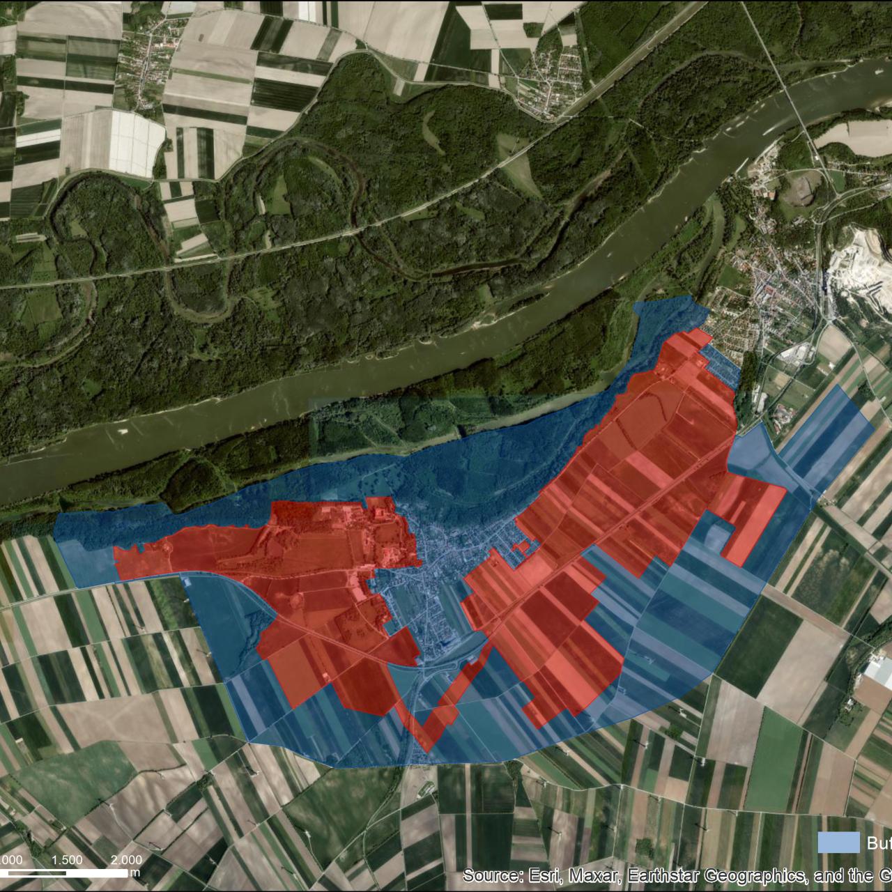 Luftbild mit UNESCO Schutzzonen von Carnuntum