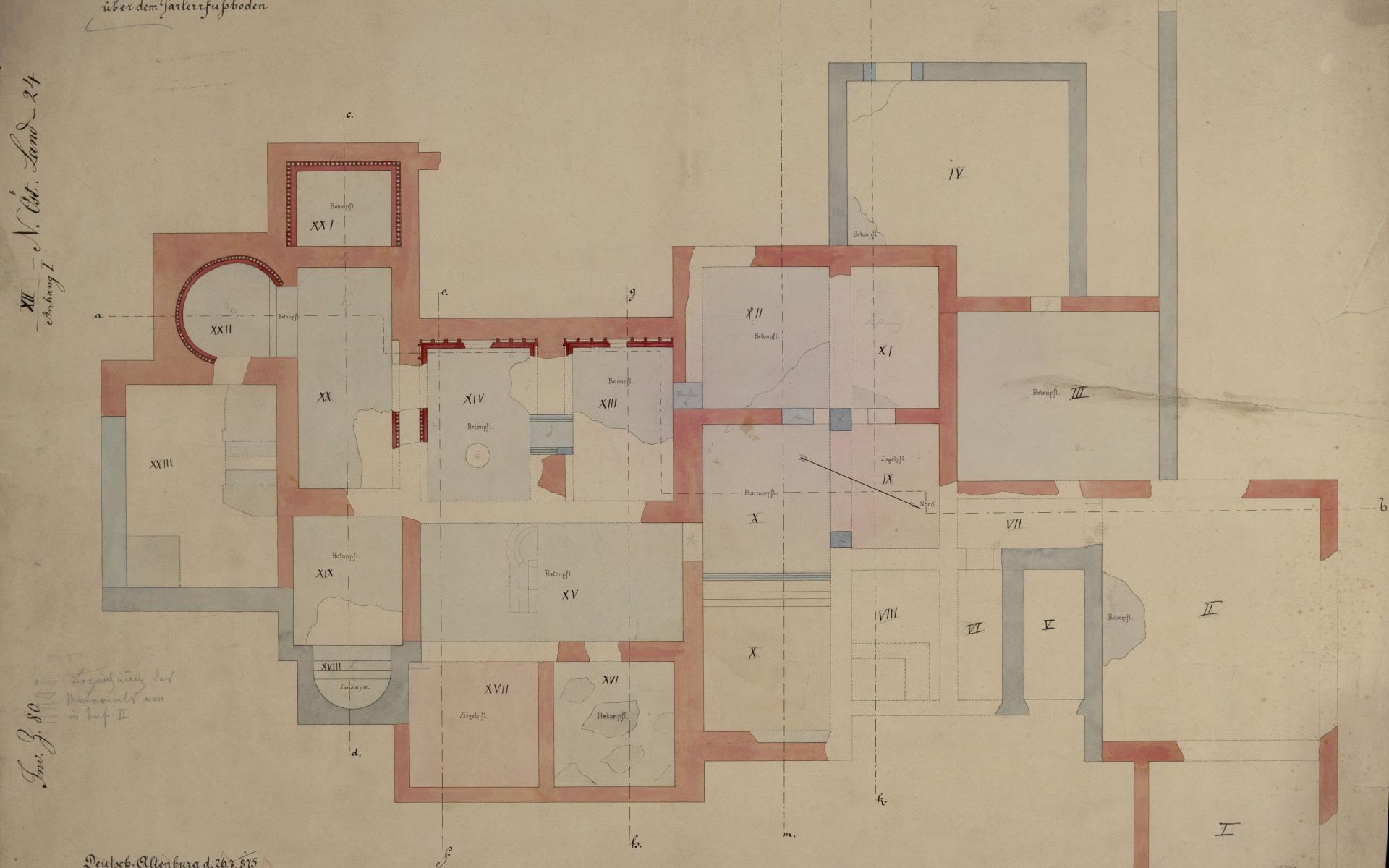 Römisches Militärbad in Deutsch Altenburg, Horizontalschnitt über dem Parterrfußboden von 1875.