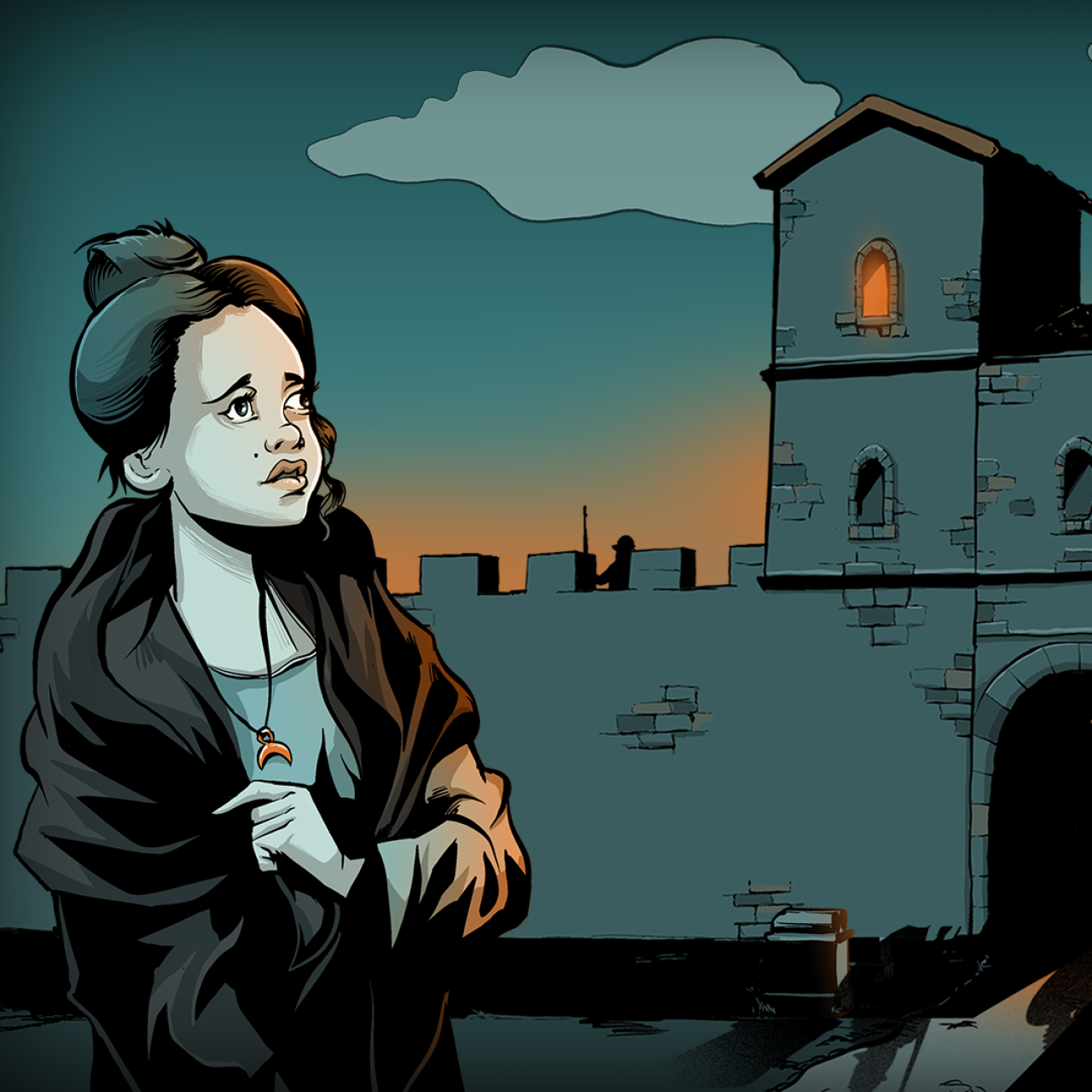 Flavia in einer nächtlichen Szenerie vor dem Kastell von Quintana / Künzing