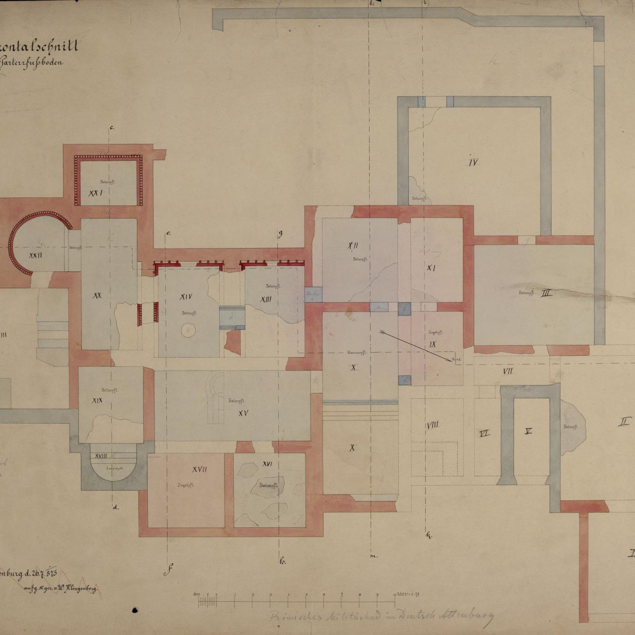 Römisches Militärbad in Deutsch Altenburg, Horizontalschnitt über dem Parterrfußboden von 1875.